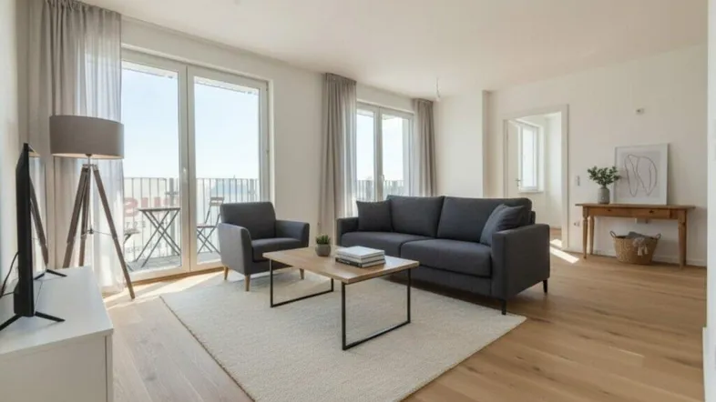 Helles, modern eingerichtetes Wohnzimmer mit Holzboden, Balkonzugang und Blick nach draußen.