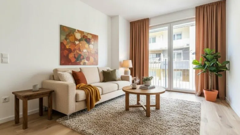 Helles Wohnzimmer mit modernem Sofa, Holzboden und großem Fenster mit Zugang zu einem Balkon.