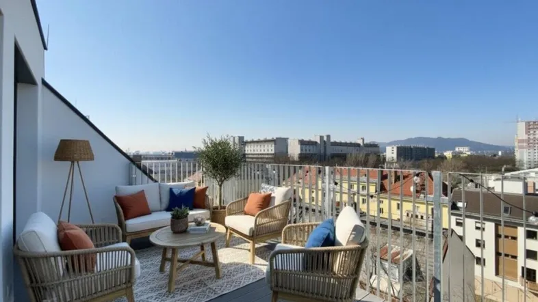 Möblierte Dachterrasse mit bequemen Sitzgelegenheiten und weitem Blick über die Stadt.