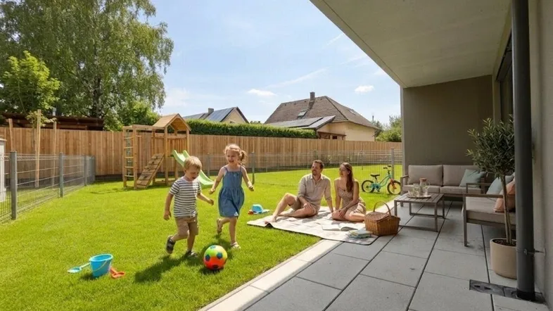 Geräumige Sonnenterrasse mit bequemen Gartenmöbeln, angrenzendem Rasen und Kinderspielplatz, ideal für Familien.