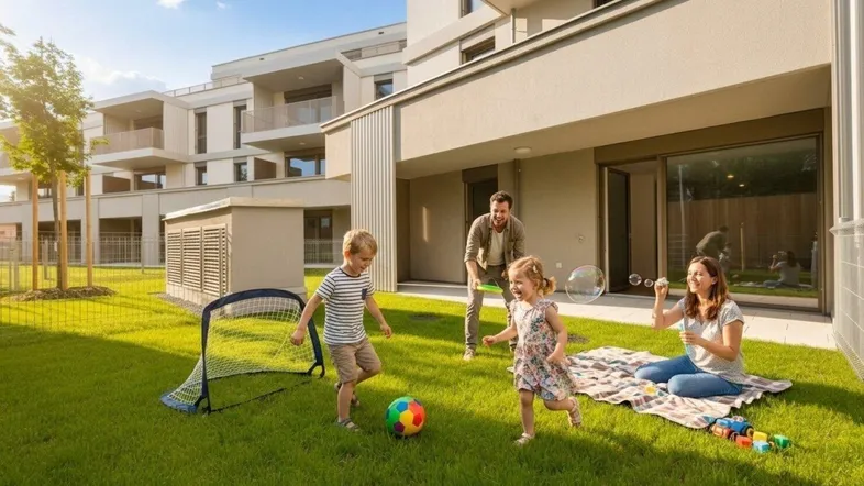 Familie spielt im sonnigen Garten eines modernen Wohnkomplexes mit Rasenfläche und Spielmöglichkeiten.