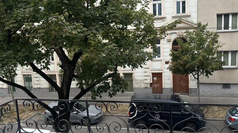 Blick vom Balkon auf die gegenüberliegende historische Fassade und die von Bäumen gesäumte Straße.