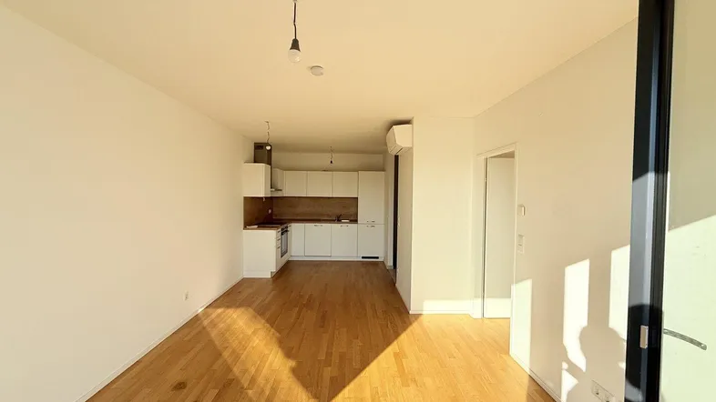 Heller offener Wohnbereich mit integrierter Küche, Holzboden und viel natürlichem Licht.