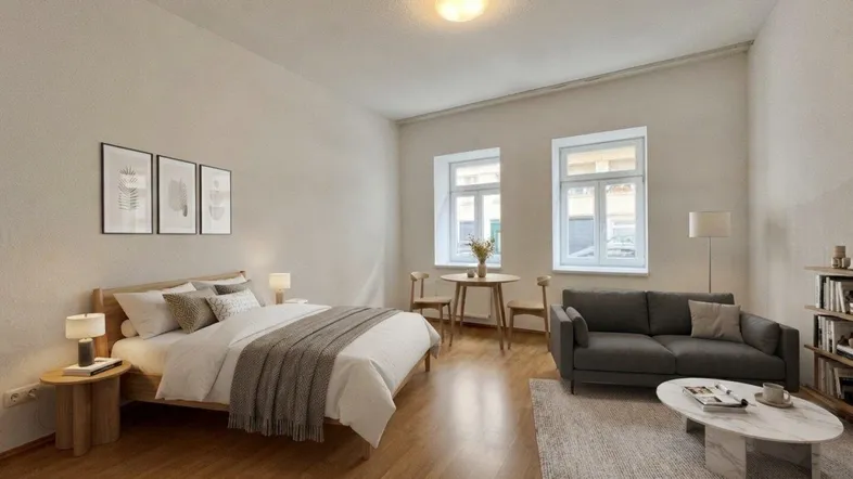 Helles, virtuell inszeniertes Wohnzimmer mit Holzboden, Schlafbereich und moderner Einrichtung.