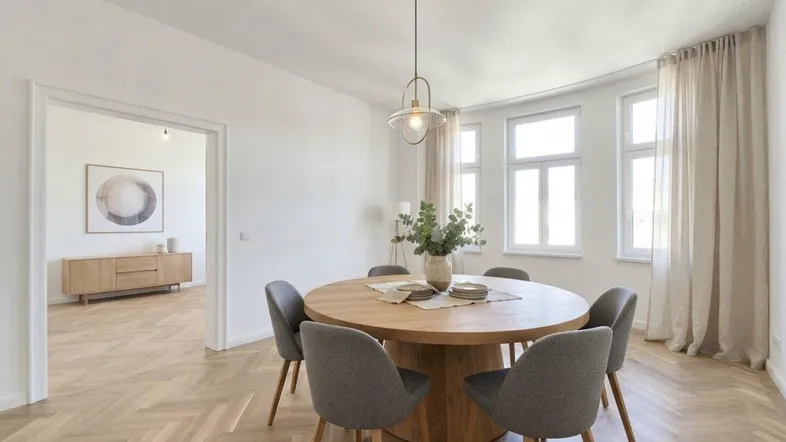 Heller Essbereich mit modernem Holztisch, bequemen Stühlen und Fischgrätparkettboden.