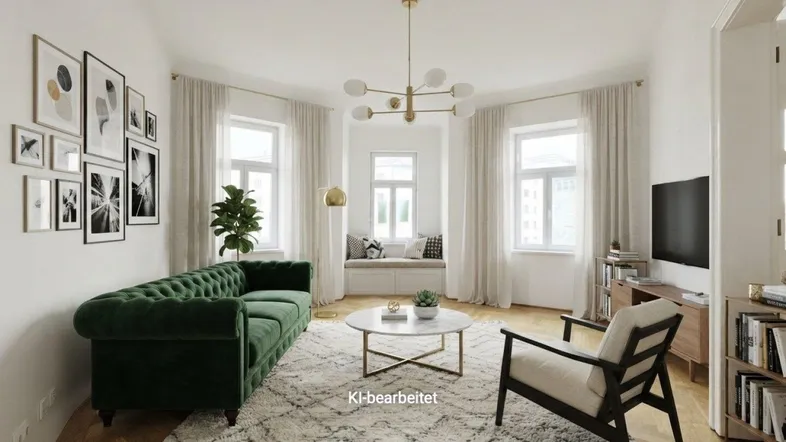 Helles, virtuell inszeniertes Wohnzimmer mit Fischgrätparkett und großen Fenstern.