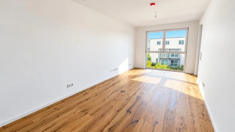 Heller, leerer Raum mit Holzboden und großen Fenstern, die viel Tageslicht hereinlassen.