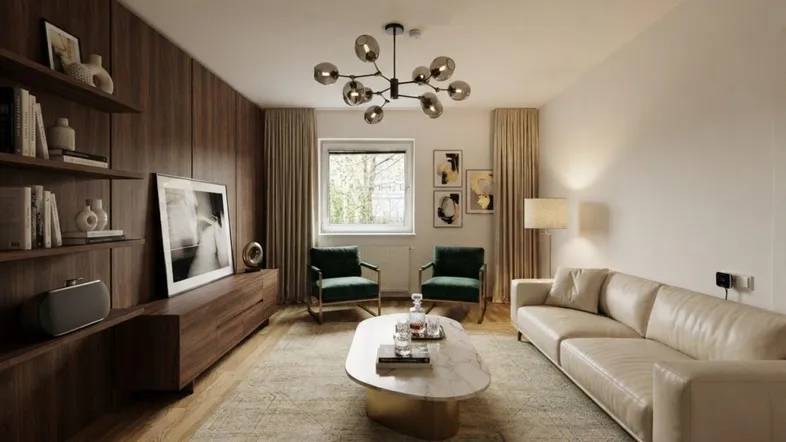 Modernes Wohnzimmer mit Holzwand, beigem Sofa, Teppich und stilvoller Beleuchtung.