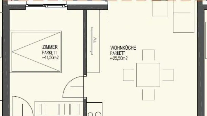 Grundriss einer Wohnung mit Balkon, Wohnküche, Schlafzimmer, Bad und separatem WC.
