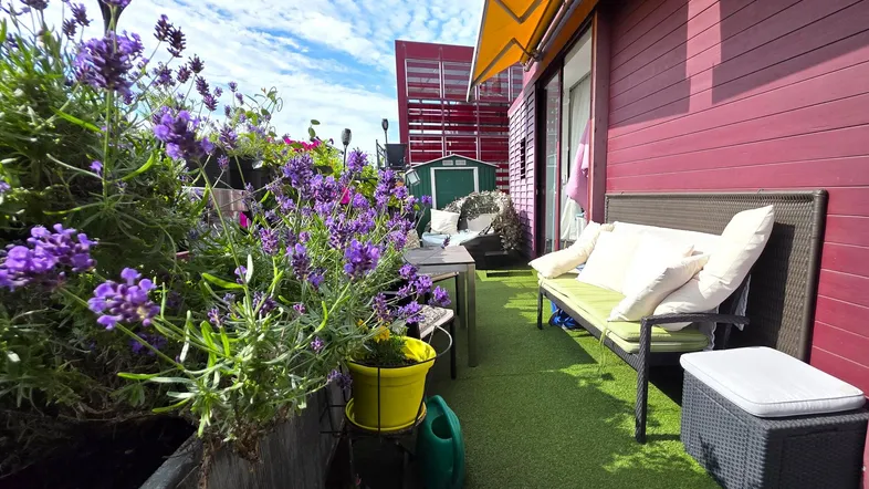 Große Dachterrasse mit Lavendelpflanzen, Sitzgelegenheiten und einem kleinen Gartenhaus unter blauem Himmel.