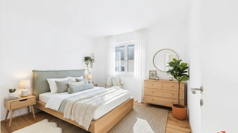 Helles Schlafzimmer mit Holzboden, modernem Bett und stilvoller Einrichtung.