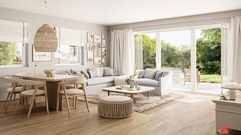 Helles, offenes Wohn-Esszimmer mit Holzboden, bequemer Sitzecke und direktem Zugang zur Terrasse.