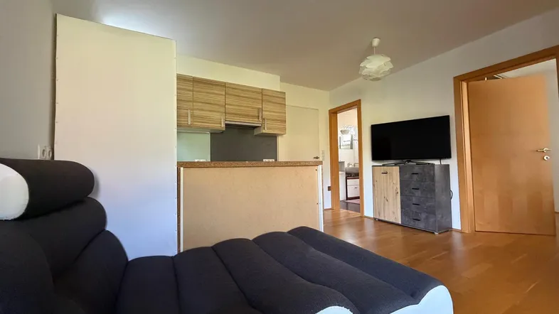 Gemütlicher Wohnbereich mit Sofa, Fernseher und Blick auf die offene Küchenzeile.