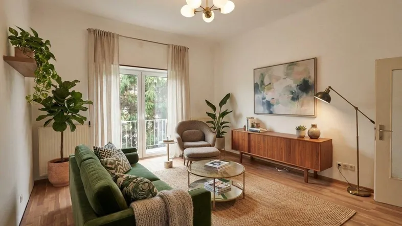 Helles Wohnzimmer mit modernem Dekor, bequemen Möbeln und Zugang zum Balkon.