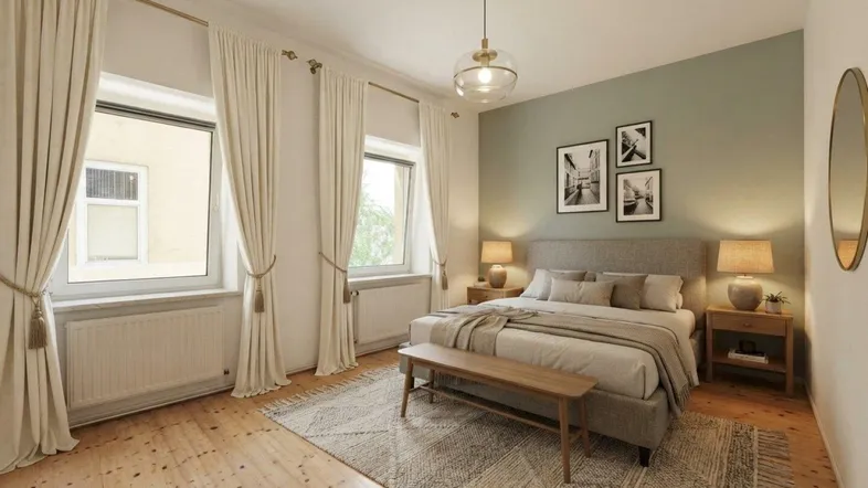 Helles Schlafzimmer mit Holzboden, zwei Fenstern und moderner Einrichtung, die zum Entspannen einlädt.