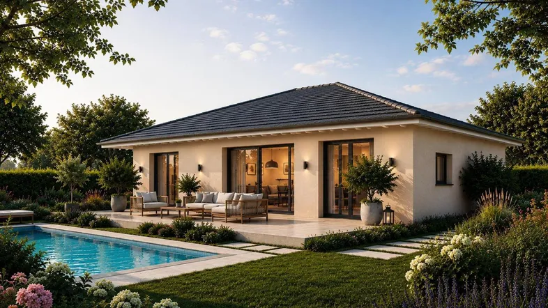 Modernes Haus mit dunklem Ziegeldach, Swimmingpool, möblierter Terrasse und gepflegtem Garten.