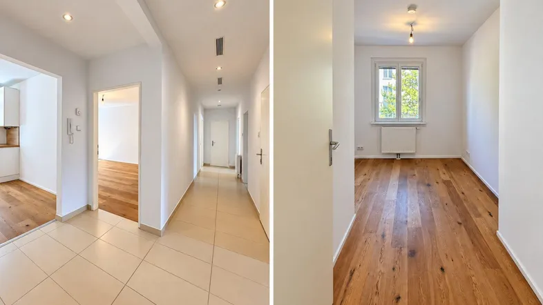 Heller Flur mit Fliesenboden und Blick in ein Zimmer mit Holzparkett und Fenster.