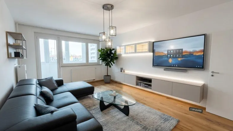 Modernes Wohnzimmer mit großem Sofa, Wandfernseher und Zugang zu einem Balkon.