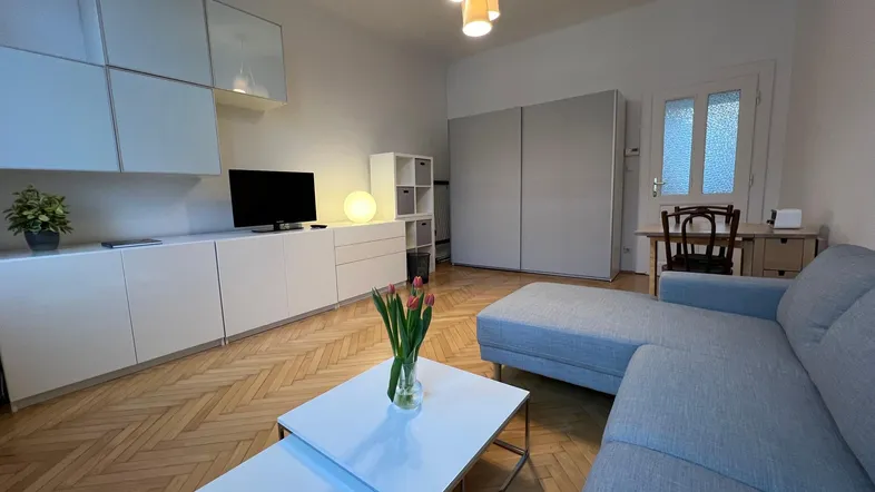 Helles Wohnzimmer mit modernem Sofa, TV-Möbeln und elegantem Fischgrätparkettboden.