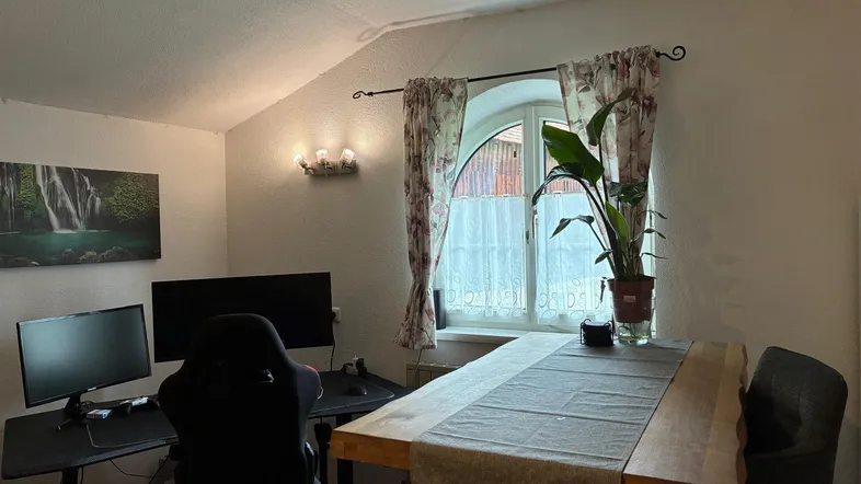 Helles Zimmer mit Gaming-Setup, Esstisch und Fensterblick auf die Umgebung.