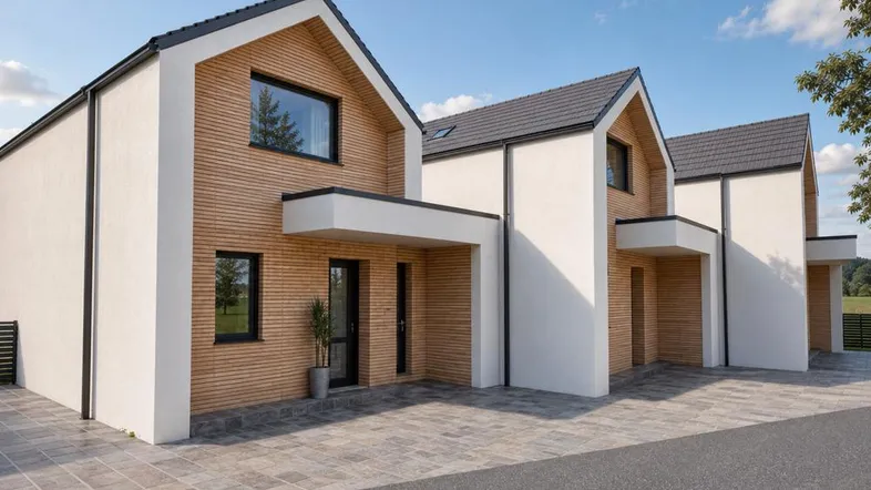 Moderne Reihenhäuser mit Holzfassade und weißem Putz, gepflasterter Zufahrt und klarem Himmel.