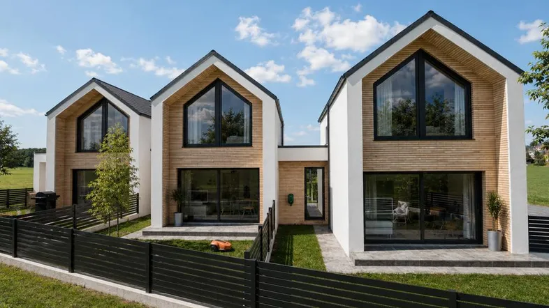 Moderne Doppelhaushälfte mit Holzfassade, großen Fenstern und gepflegtem Vorgarten.
