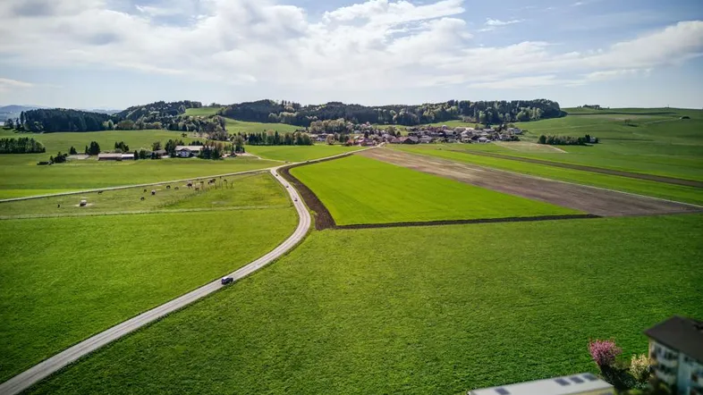 Panoramablick über grüne Felder, eine Landstraße und ferne Siedlungen.