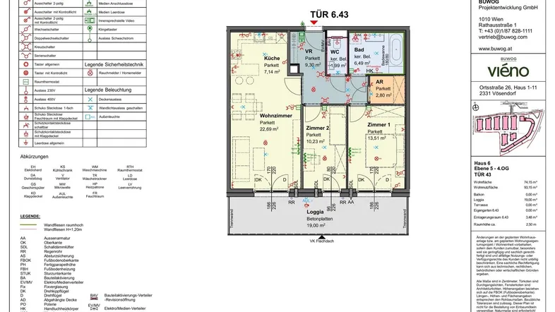 Grundriss einer modernen Wohnung mit drei Zimmern, Küche, Bad und einer großzügigen Loggia.