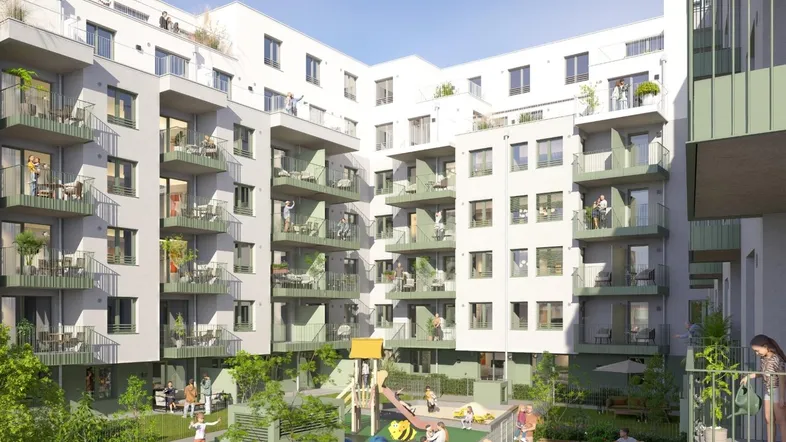 Moderne Wohnanlage mit Innenhof, Spielplatz und zahlreichen Balkonen für Familien.