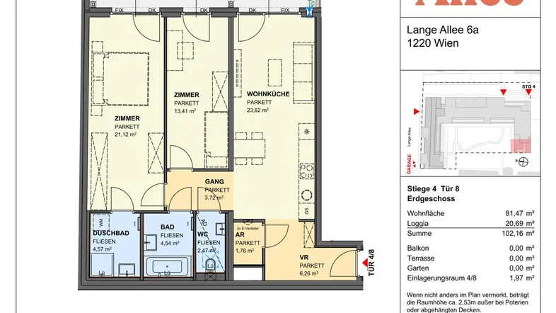 Grundriss einer Wohnung mit Loggia, zwei Schlafzimmern und offenem Wohnbereich.