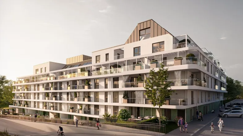 Moderne Wohnanlage mit mehreren Balkonen, großen Fenstern und barrierefreiem Zugang über eine Rampe.