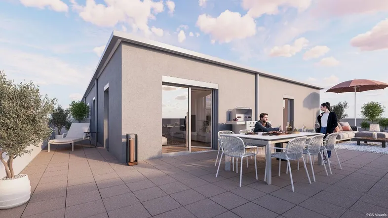 Geräumige Dachterrasse mit Essbereich, Grill und Liegestühlen, ideal für entspannte Stunden im Freien.