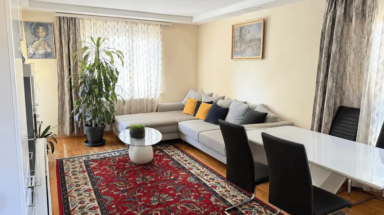 Heller Wohnbereich mit Holzboden, bequemer Couch, Esstisch und Pflanzen.