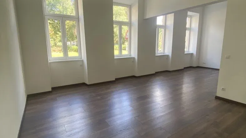 Heller, leerer Raum mit dunklem Holzboden und mehreren Fenstern, die viel Tageslicht hereinlassen.