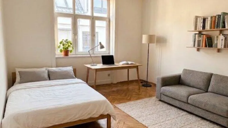 Helles Zimmer mit Fischgrätparkett, Bett, Sofa und Arbeitsbereich am Fenster.