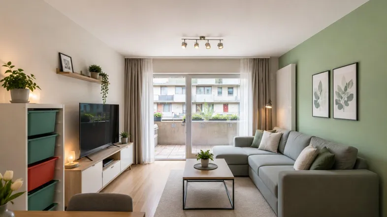 Helles Wohnzimmer mit modernem Sofa, Holzboden und Zugang zu einem Balkon.