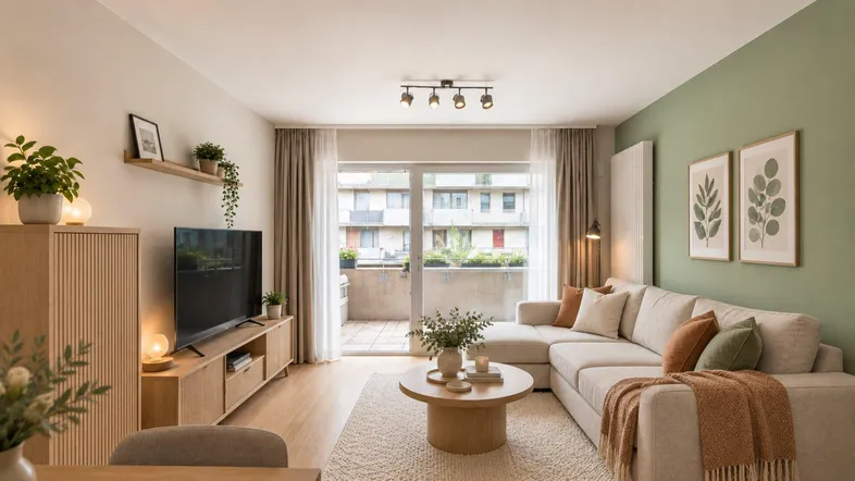 Helles Wohnzimmer mit modernem Sofa, Holzboden und Zugang zu einem Balkon.