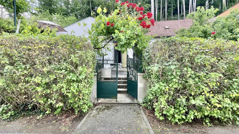 Eingangsbereich des Hauses mit grünen Hecken und einem Torbogen mit roten Rosen.