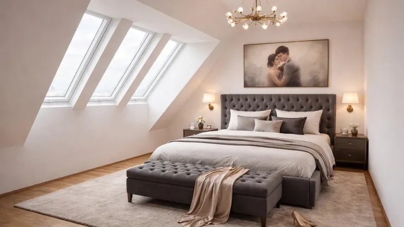 Helles Schlafzimmer im Dachgeschoss mit großen Dachfenstern und modernem Doppelbett.