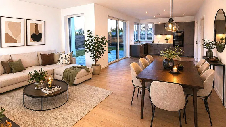 Heller, offener Wohn-Essbereich mit integrierter Küche, Parkettboden und Zugang zur Terrasse.