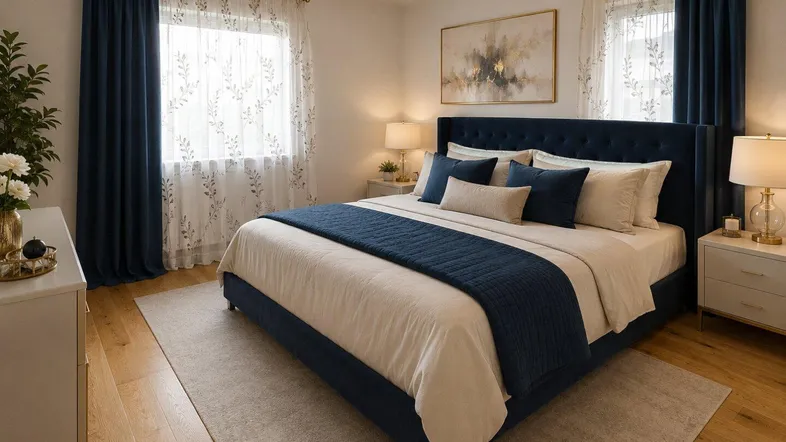 Elegantes Schlafzimmer mit blauem Polsterbett, Holzboden und großen Fenstern mit Vorhängen.