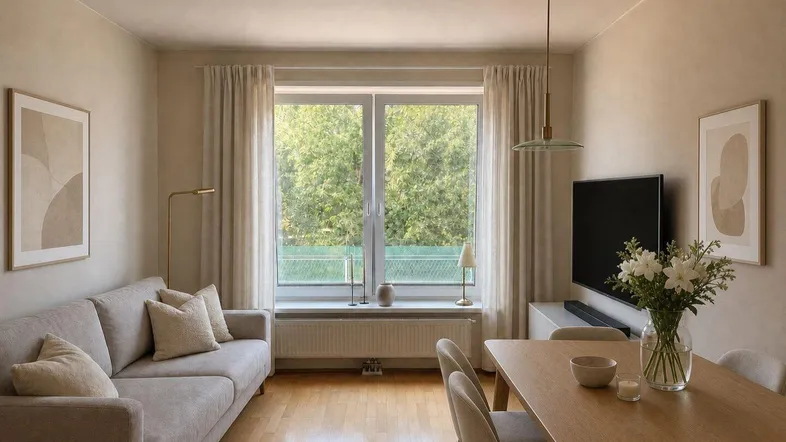 Helles Wohn-Esszimmer mit Holzboden, beigem Sofa und Blick ins Grüne durch große Fenster.