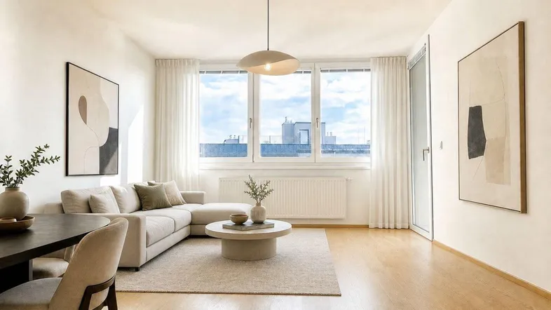 Helles Wohn- und Esszimmer mit Parkettboden, großen Fenstern und moderner Einrichtung.