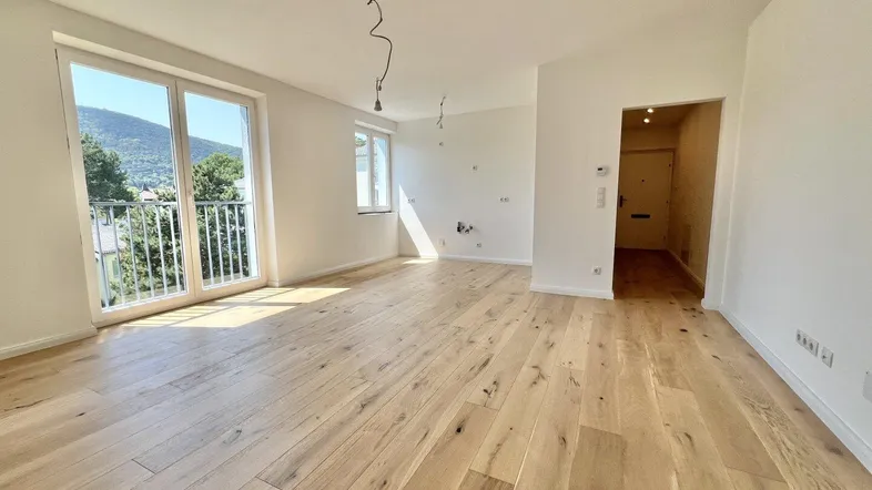 Helles Zimmer mit neuem Holzboden und Zugang zu einem Balkon mit Blick ins Grüne.