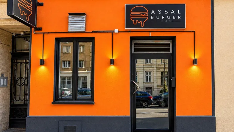 Lebhafte orangefarbene Fassade eines Burger-Restaurants mit schwarzem Schild und großen Fenstern.