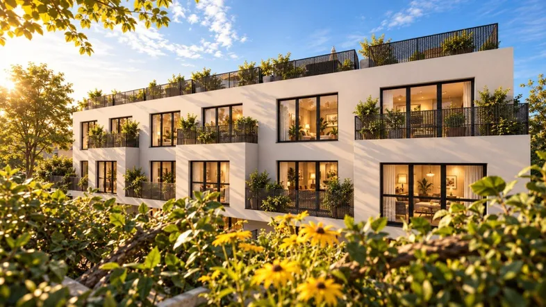 Moderne Wohnanlage mit großen Fenstern, Balkonen und begrünten Dachterrassen im Sonnenlicht.
