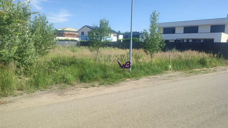 Unbebautes Grundstück mit Grasbewuchs und Blick auf moderne Häuser in der Nachbarschaft.
