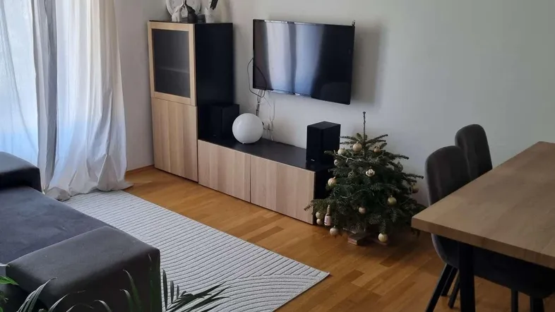 Heller Wohn-Essbereich mit Holzboden, modernem TV-Möbel und einem kleinen Esstisch für Mahlzeiten.