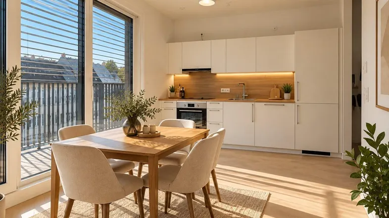 Helle, moderne Küche mit Essbereich, Holzboden und Zugang zum Balkon.
