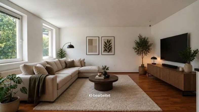 Helles Wohnzimmer mit beigem Ecksofa, Holzboden, moderner Dekoration und Blick ins Grüne.